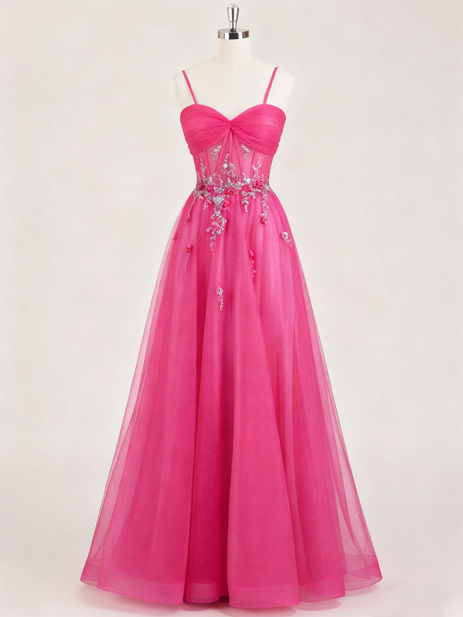 Hot Pink Sweetheart Sequins 3D Floral Tulle Prom Dress