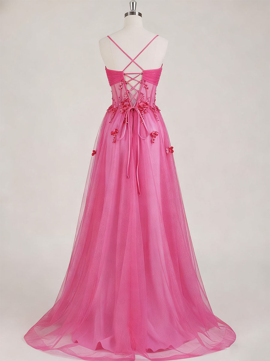 Hot Pink Sweetheart Sequins 3D Floral Tulle Prom Dress