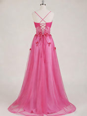 Hot Pink Sweetheart Sequins 3D Floral Tulle Prom Dress
