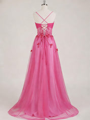 Hot Pink Sweetheart Sequins 3D Floral Tulle Prom Dress