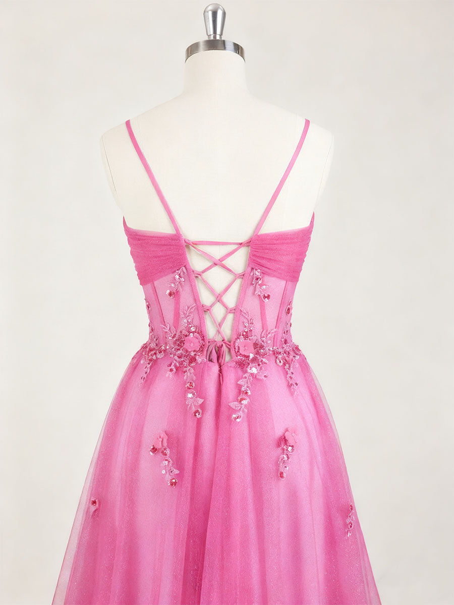 Hot Pink Sweetheart Sequins 3D Floral Tulle Prom Dress