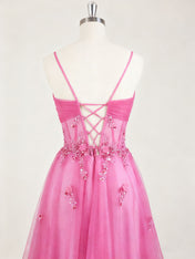 Hot Pink Sweetheart Sequins 3D Floral Tulle Prom Dress