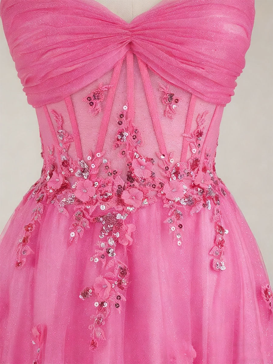 Hot Pink Sweetheart Sequins 3D Floral Tulle Prom Dress