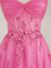 Hot Pink Sweetheart Sequins 3D Floral Tulle Prom Dress