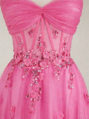 Hot Pink Sweetheart Sequins 3D Floral Tulle Prom Dress