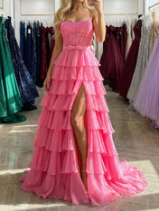 Hot Pink Tiered Ruffle Corset A-Line Prom Dress with Slit