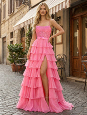 Hot Pink Tiered Ruffle Corset A-Line Prom Dress with Slit