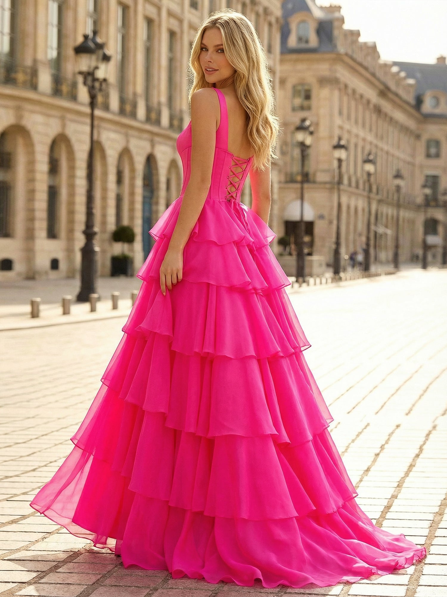 Hot Pink Tiered Ruffle Corset Prom Dress with Slit