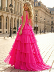 Hot Pink Tiered Ruffle Corset Prom Dress with Slit