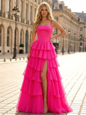 Hot Pink Tiered Ruffle Corset Prom Dress with Slit