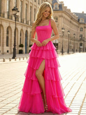 Hot Pink Tiered Ruffle Corset Prom Dress with Slit