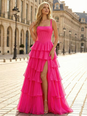Hot Pink Tiered Ruffle Corset Prom Dress with Slit