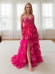 Hot Pink Tiered Sequin Ruffle Statement Bow Prom Dress with Slit