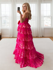 Hot Pink Tiered Sequin Ruffle Statement Bow Prom Dress with Slit