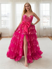 Hot Pink Tiered Sequin Ruffle Statement Bow Prom Dress with Slit