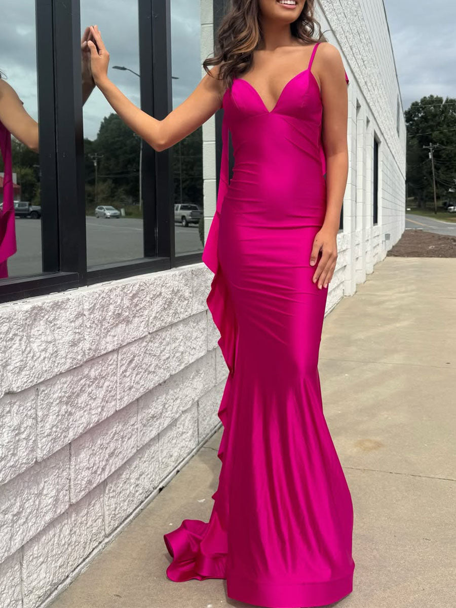 Hot Pink V-Neck Prom Dress with Cascading Back Ruffle