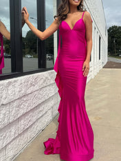 Hot Pink V-Neck Prom Dress with Cascading Back Ruffle