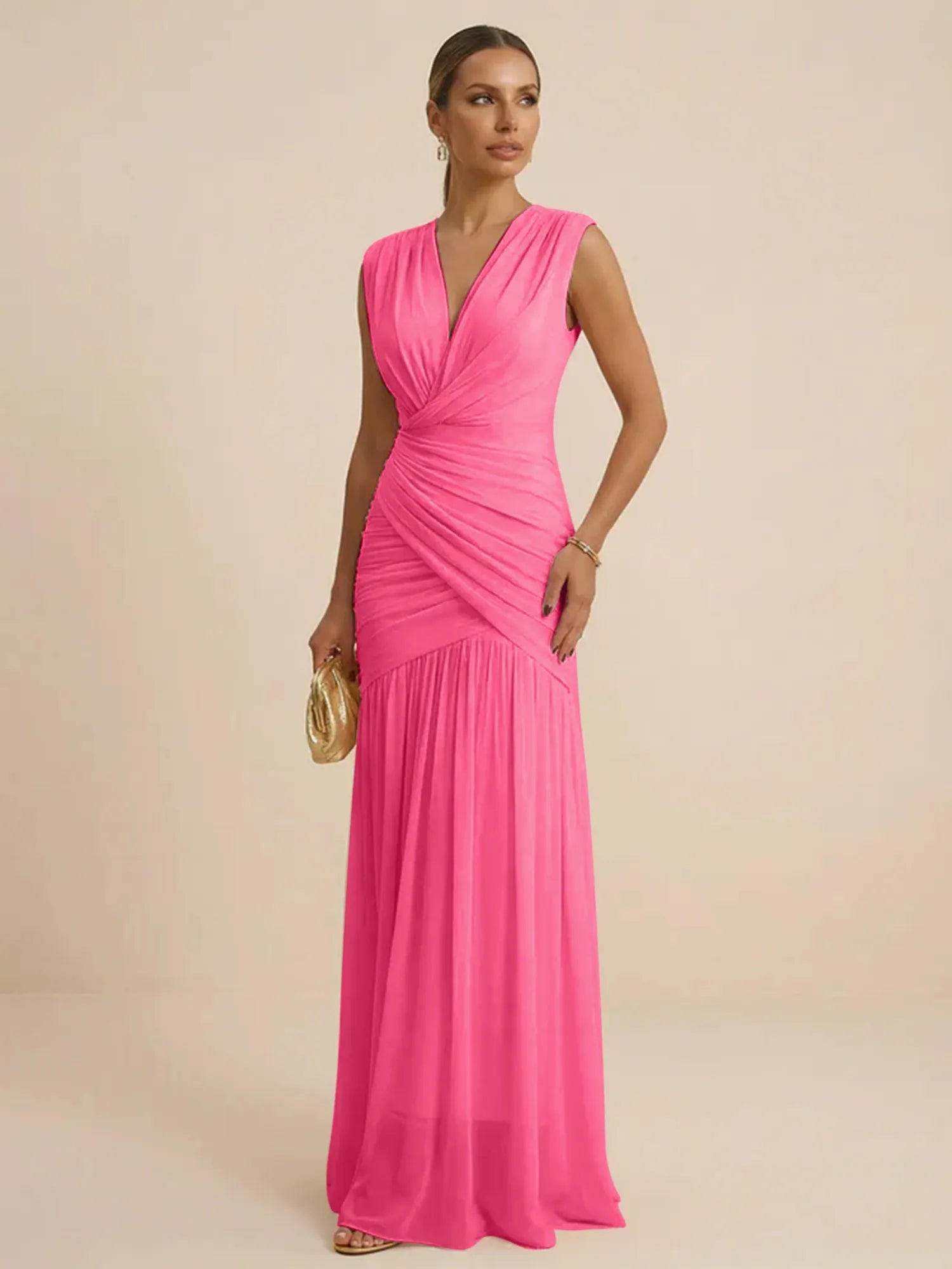 Pink Regular Straps V Neck Chiffon Pleat Mermaid Maxi Dress