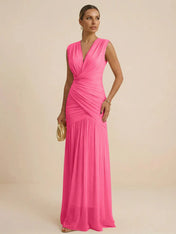 Pink Regular Straps V Neck Chiffon Pleat Mermaid Maxi Dress