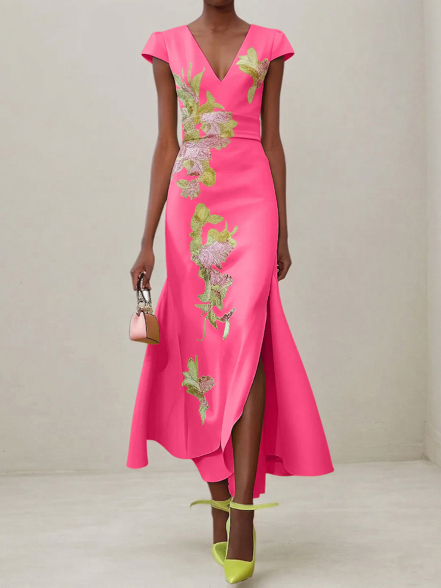 Green Floral V Neck Embroidered Cap Sleeve Slit Sheath Maxi Dress