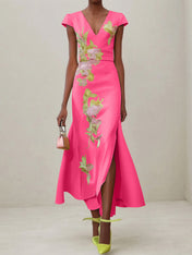 Green Floral V Neck Embroidered Cap Sleeve Slit Sheath Maxi Dress