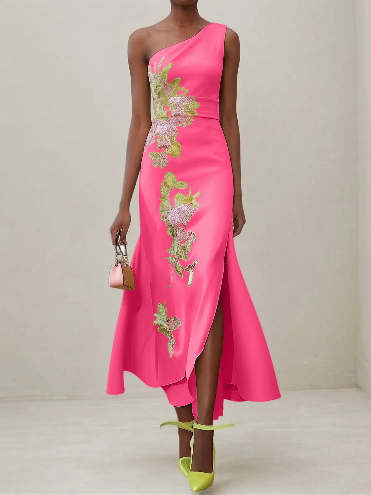 Green Floral One Shoulder Embroidered Cap Sleeve Slit Sheath Maxi Dress