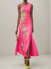 Green Floral One Shoulder Embroidered Cap Sleeve Slit Sheath Maxi Dress