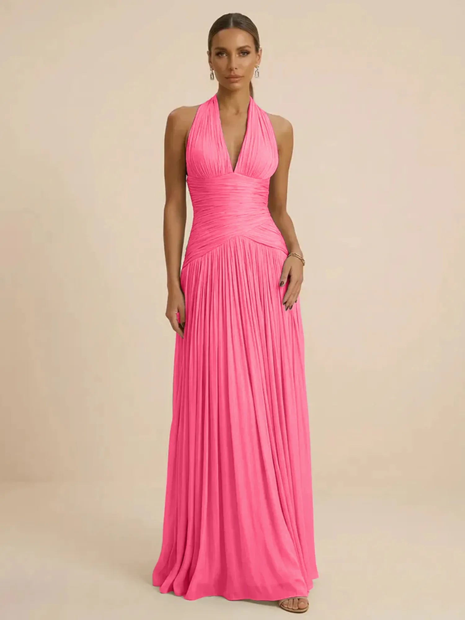 Sage Green Halter Neck Pleated Chiffon Evening Gown with Ruched