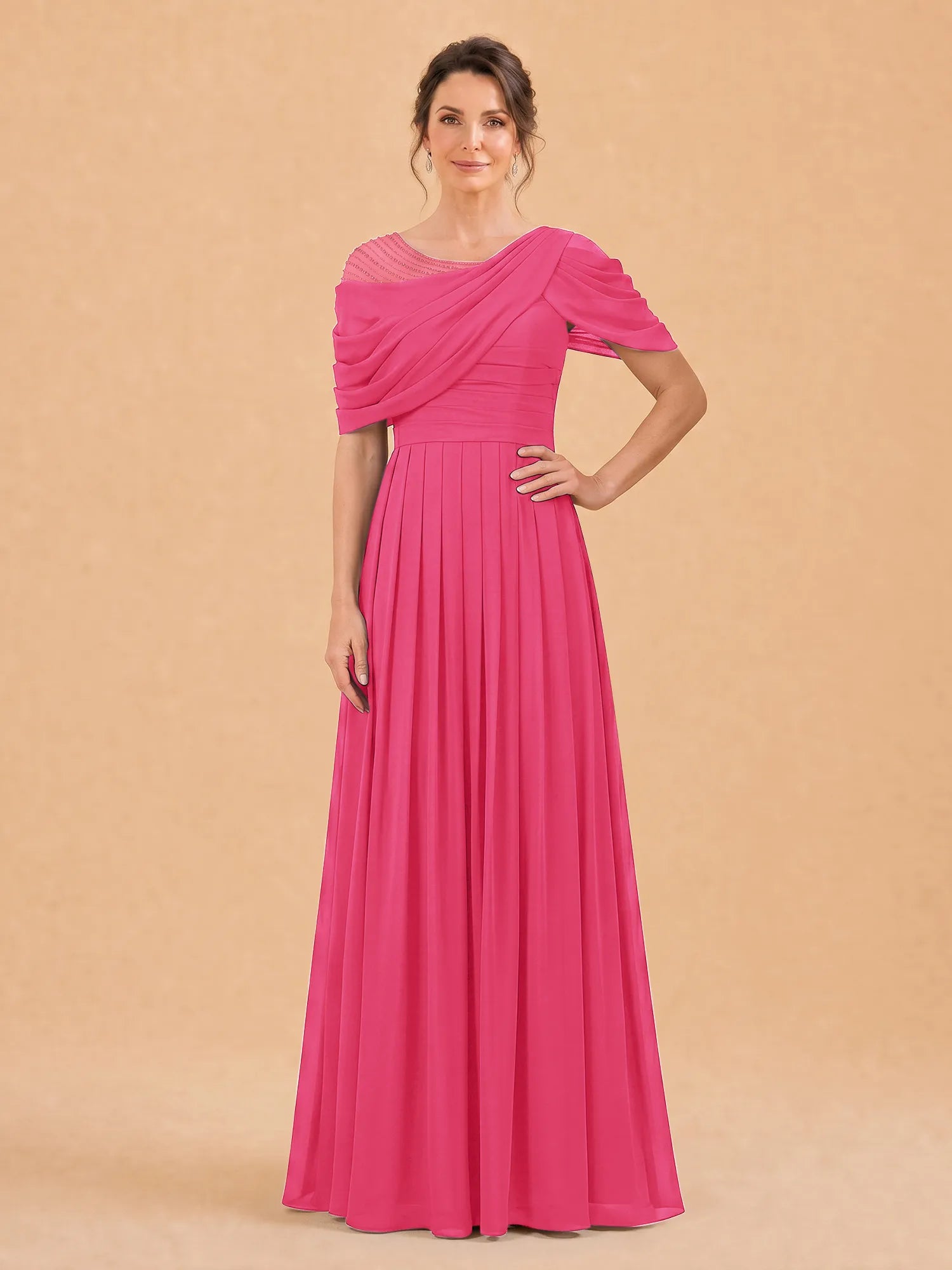 One-Shoulder Cape Overlay Chiffon Mother of the Bride Dress