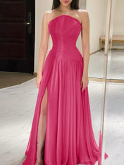Red Pleated Chiffon Strapless Long Prom Dress with Slit