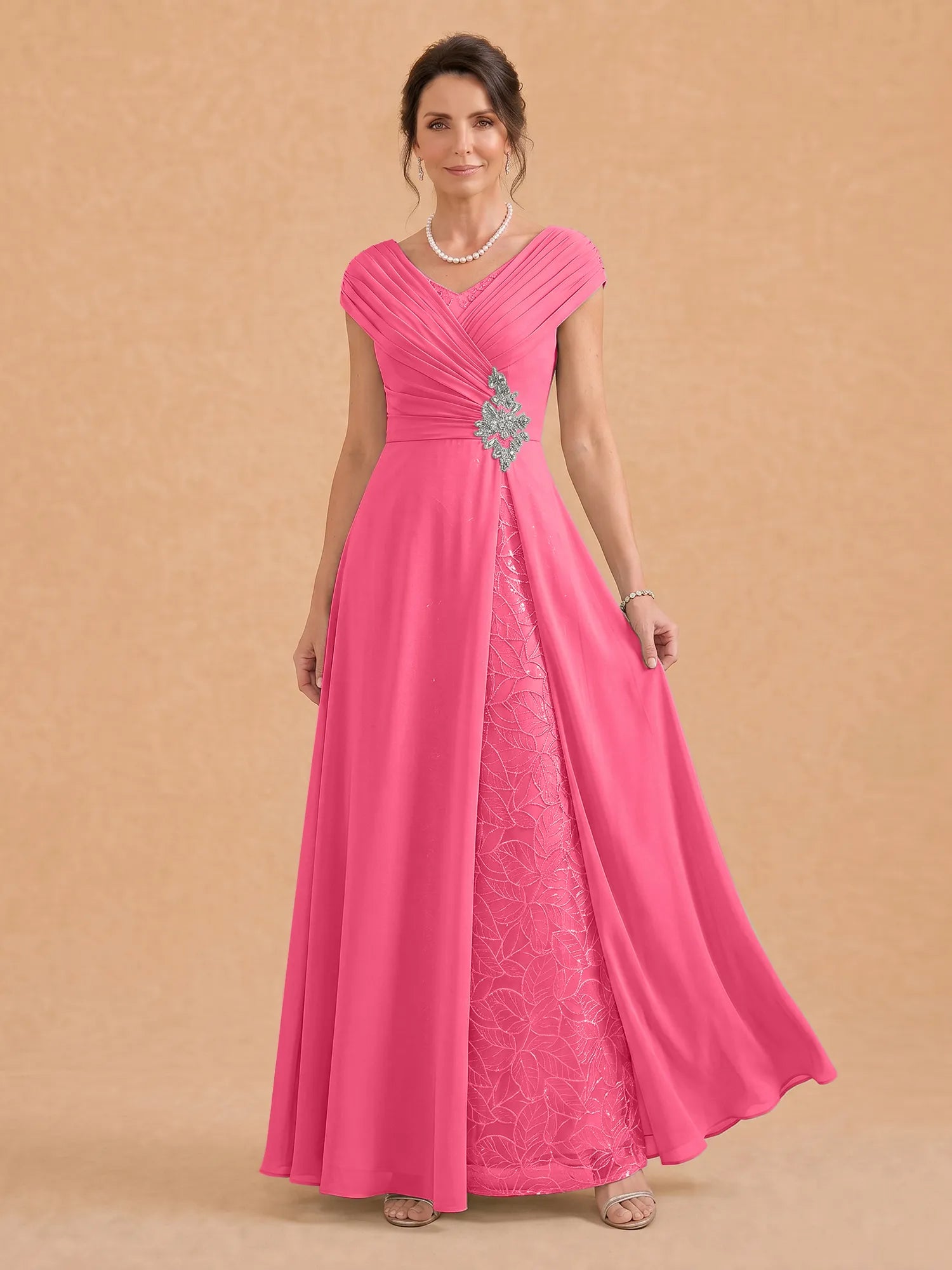 V-Neck Ruched Chiffon A-Line Mother of the Bride Dress with Crystal Brooch