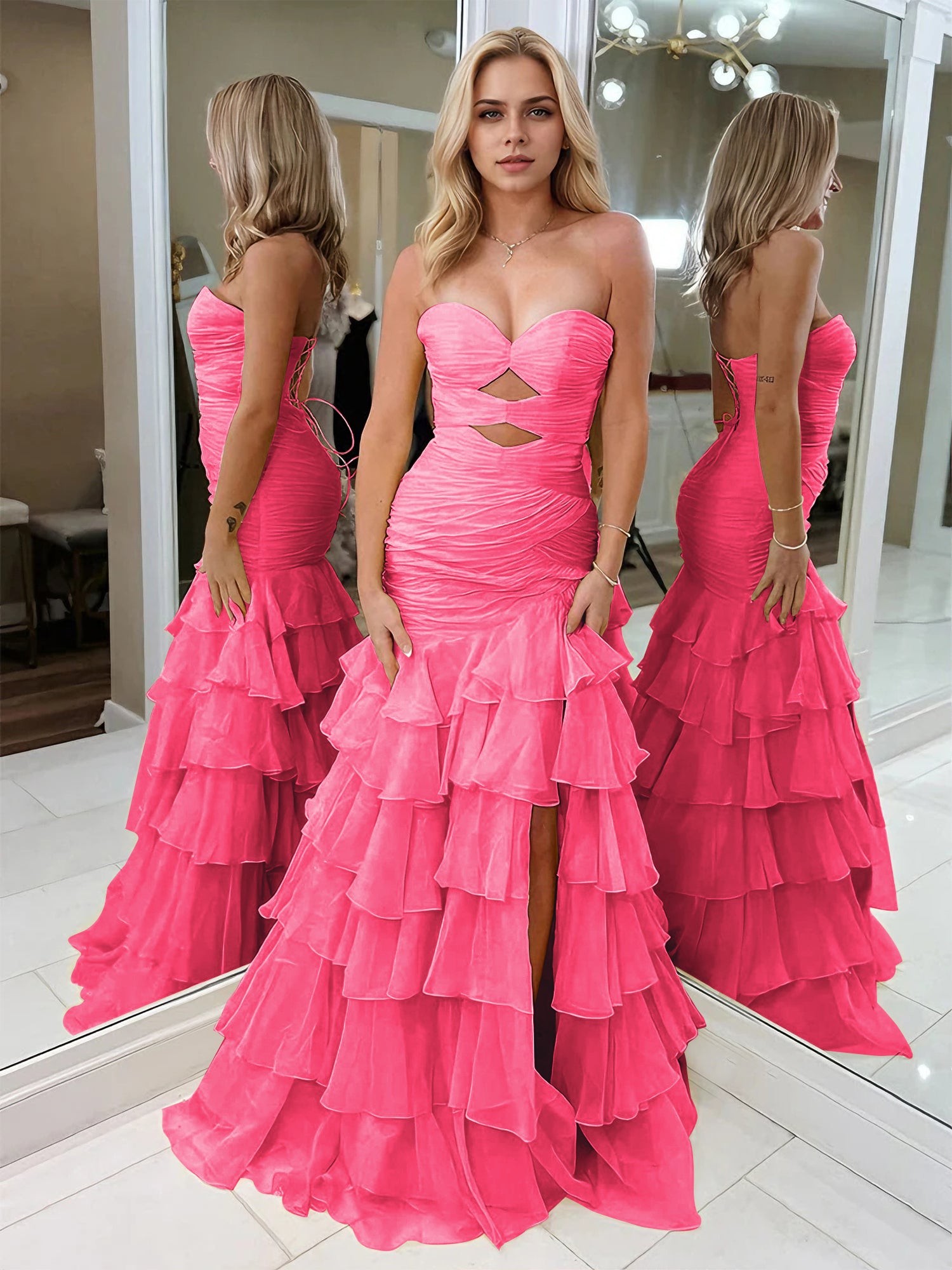 Yellow Strapless Mermaid Cutouts Ruffled Tiered Corset Back Prom Dress with Slit