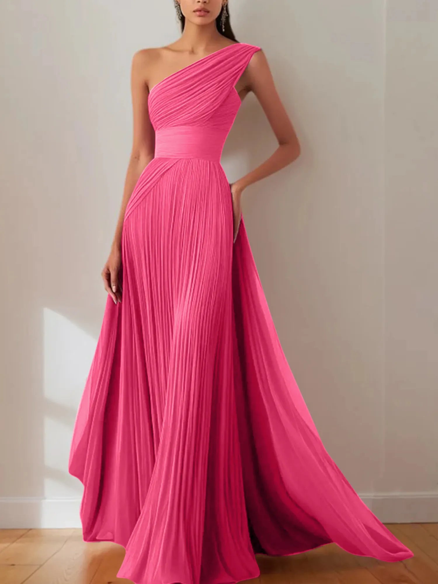 Prom Formal Pleated Dress Rose Color One-Shoulder Maxi Dress