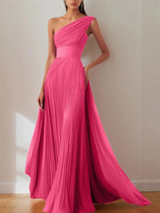 Prom Formal Pleated Dress Rose Color One-Shoulder Maxi Dress