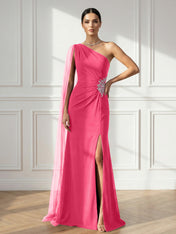 Formal Evening Dress Burgundy One Shoulder Slit Maxi Dress Gown