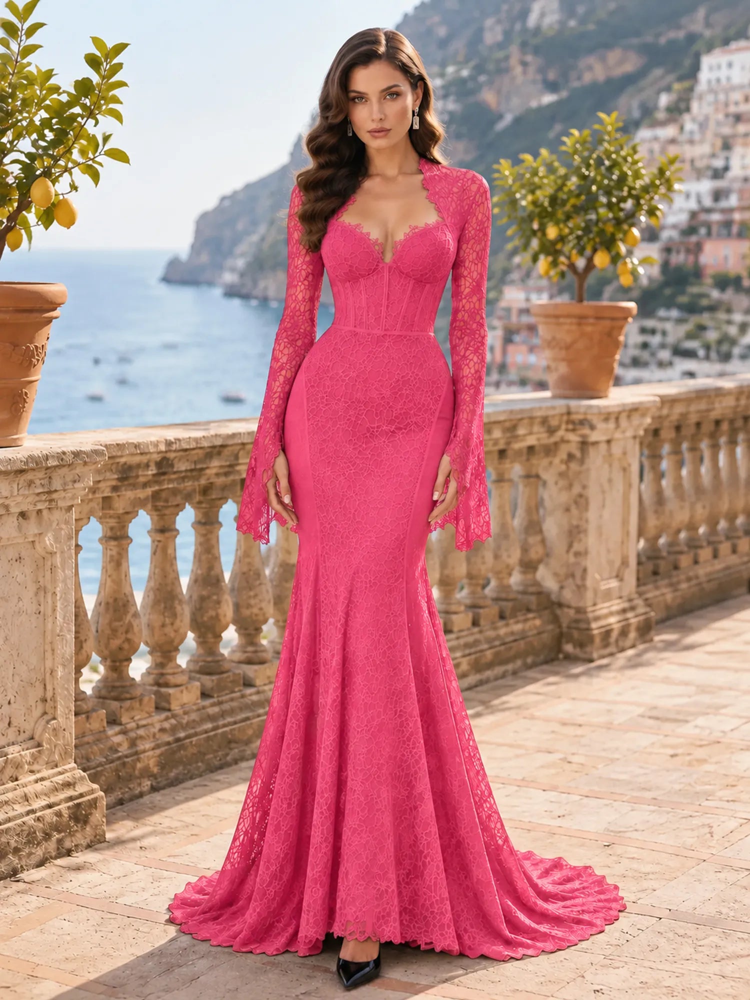 Long-Sleeve Lace-Trimmed Mermaid Evening Dress