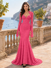 Long-Sleeve Lace-Trimmed Mermaid Evening Dress