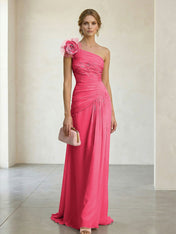 Blush Pink One-Shoulder Ruched 3D Floral Gown Dress