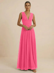 Teal Pleated V-Neck Chiffon Evening Gown with Ruched