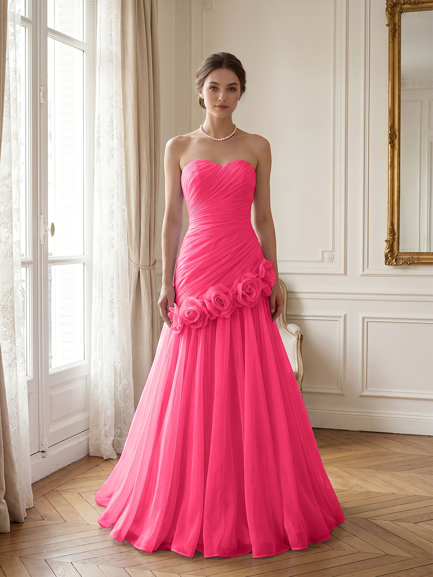 Lilac 3D Rosette Strapless Chiffon Evening Formal Gown Wedding Guest Dress