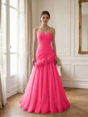 Lilac 3D Rosette Strapless Chiffon Evening Formal Gown Wedding Guest Dress