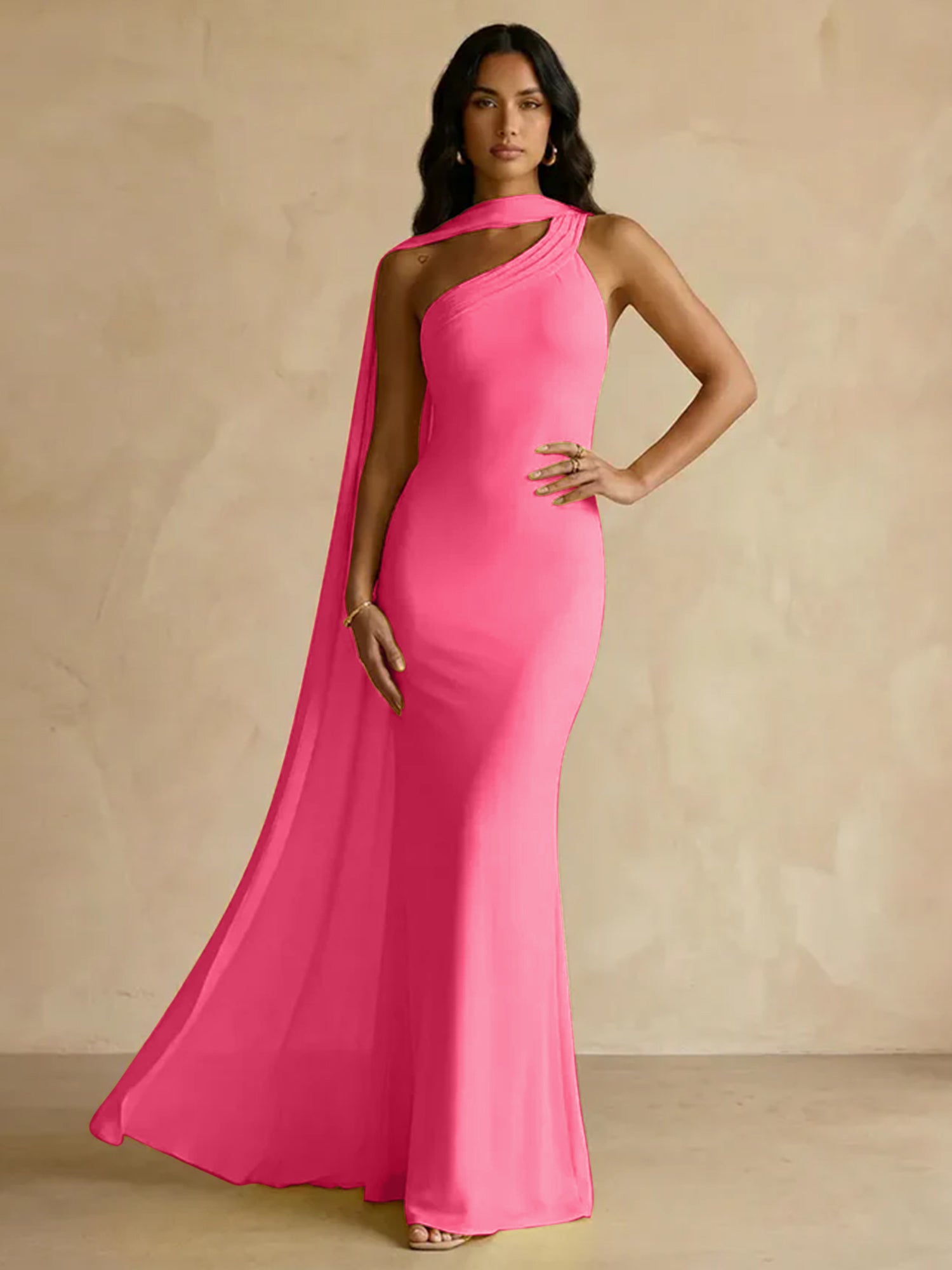 Yellow One-Shoulder Crepe Sheath Gown with Flowing Chiffon Cape Train