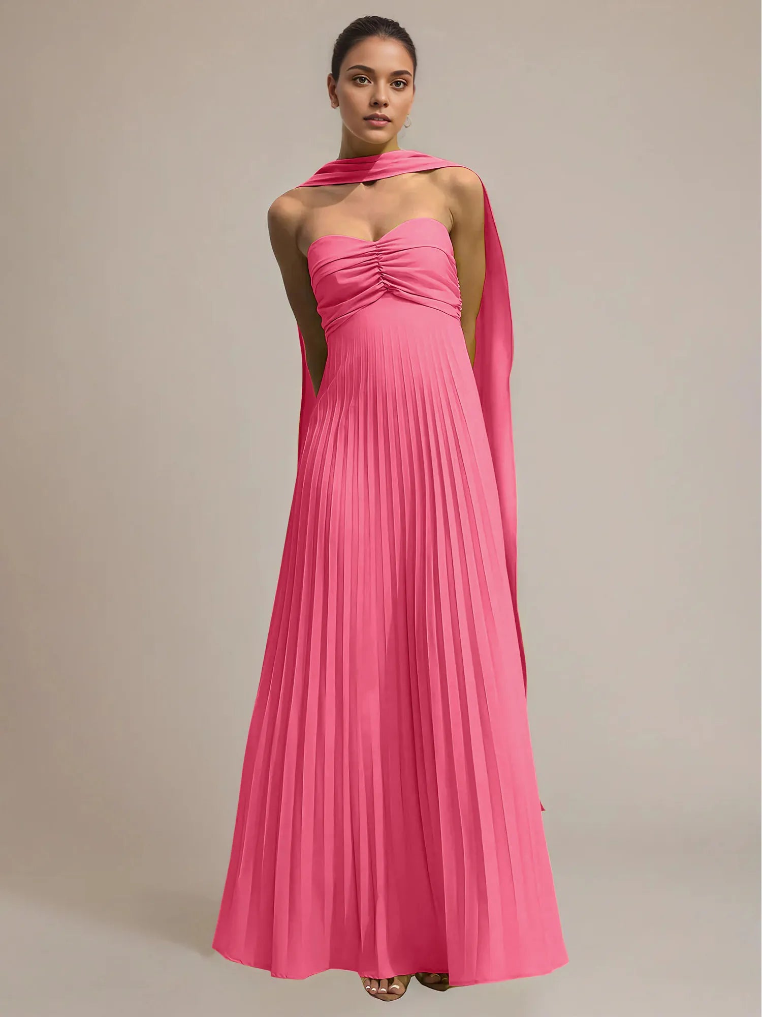 Green Chiffon A Line Off The Shoulder Sleeveless Floor Length Pleated Dress