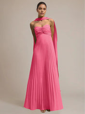 Green Chiffon A Line Off The Shoulder Sleeveless Floor Length Pleated Dress