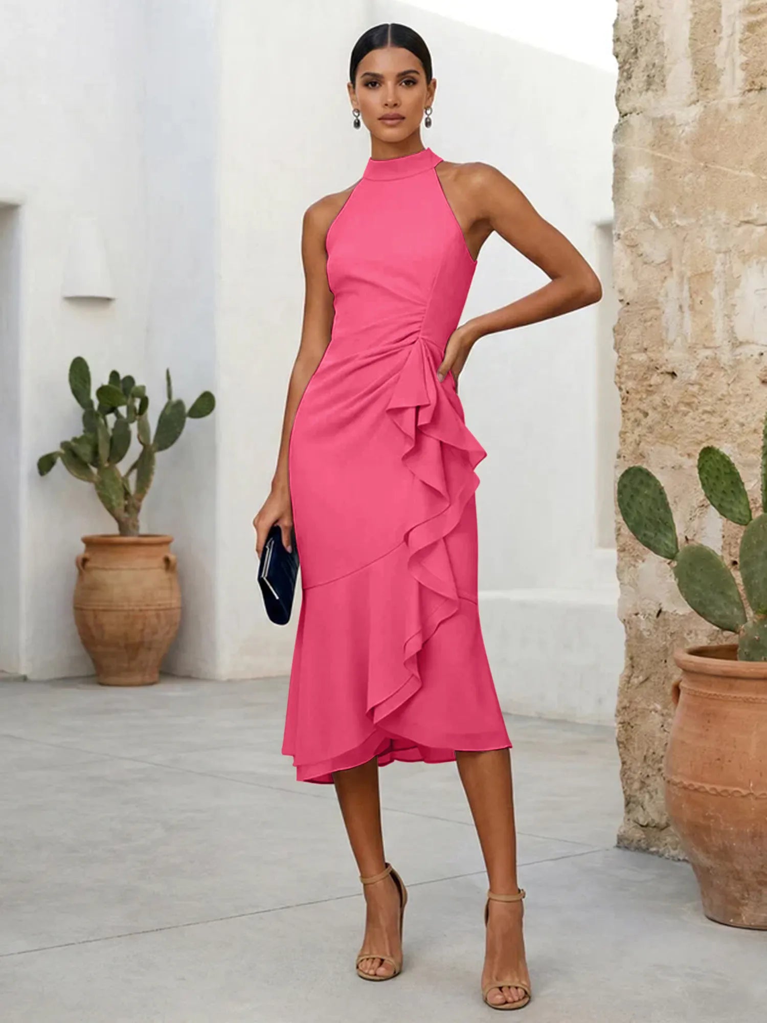 Pink High Neck Chiffon Mermaid Tea Length Evening Dress with Ruffle