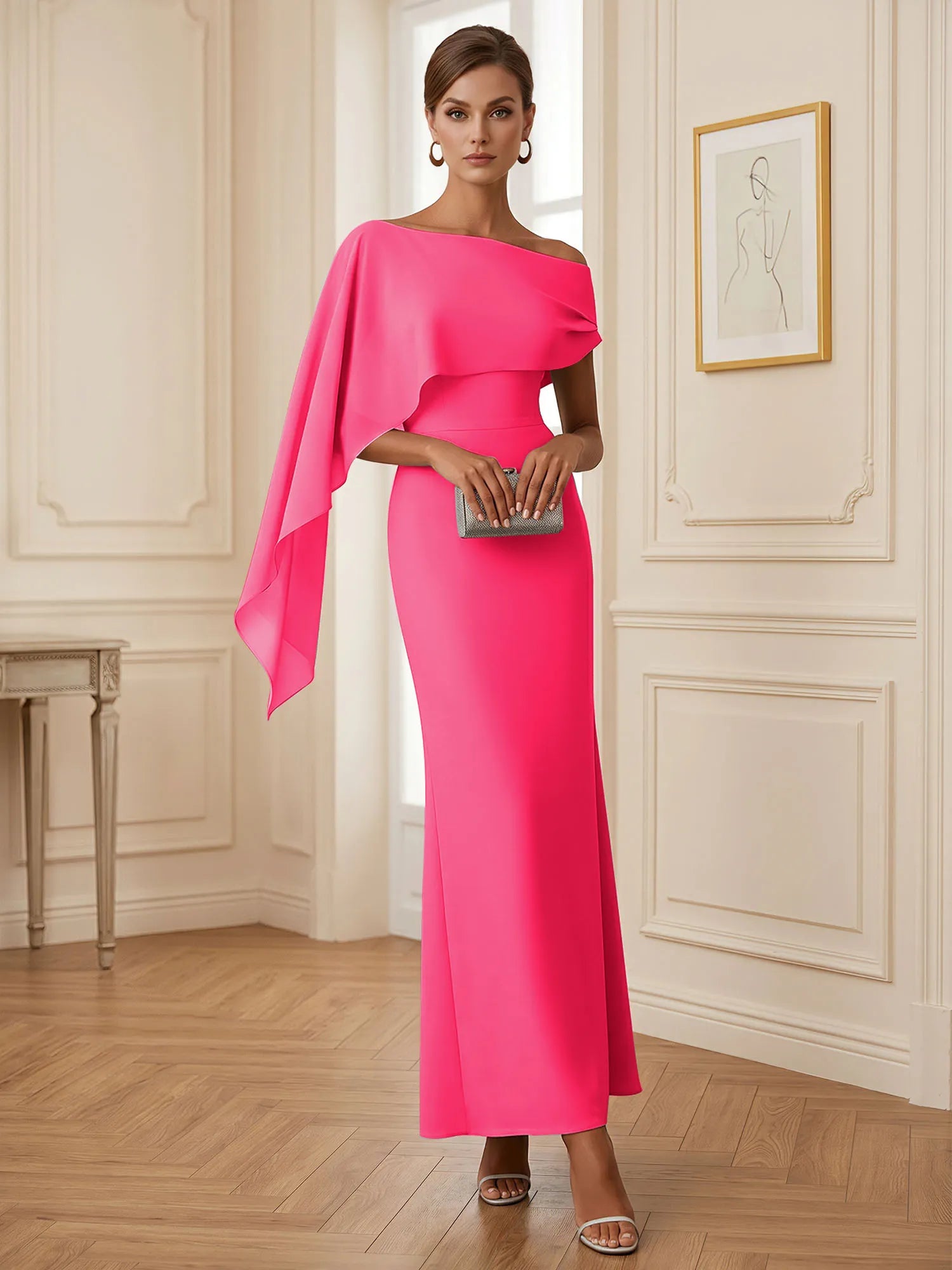 Elegant Mint Green One-Shoulder Chiffon Mermaid Formal Evening Dress with Cape and Ruffles