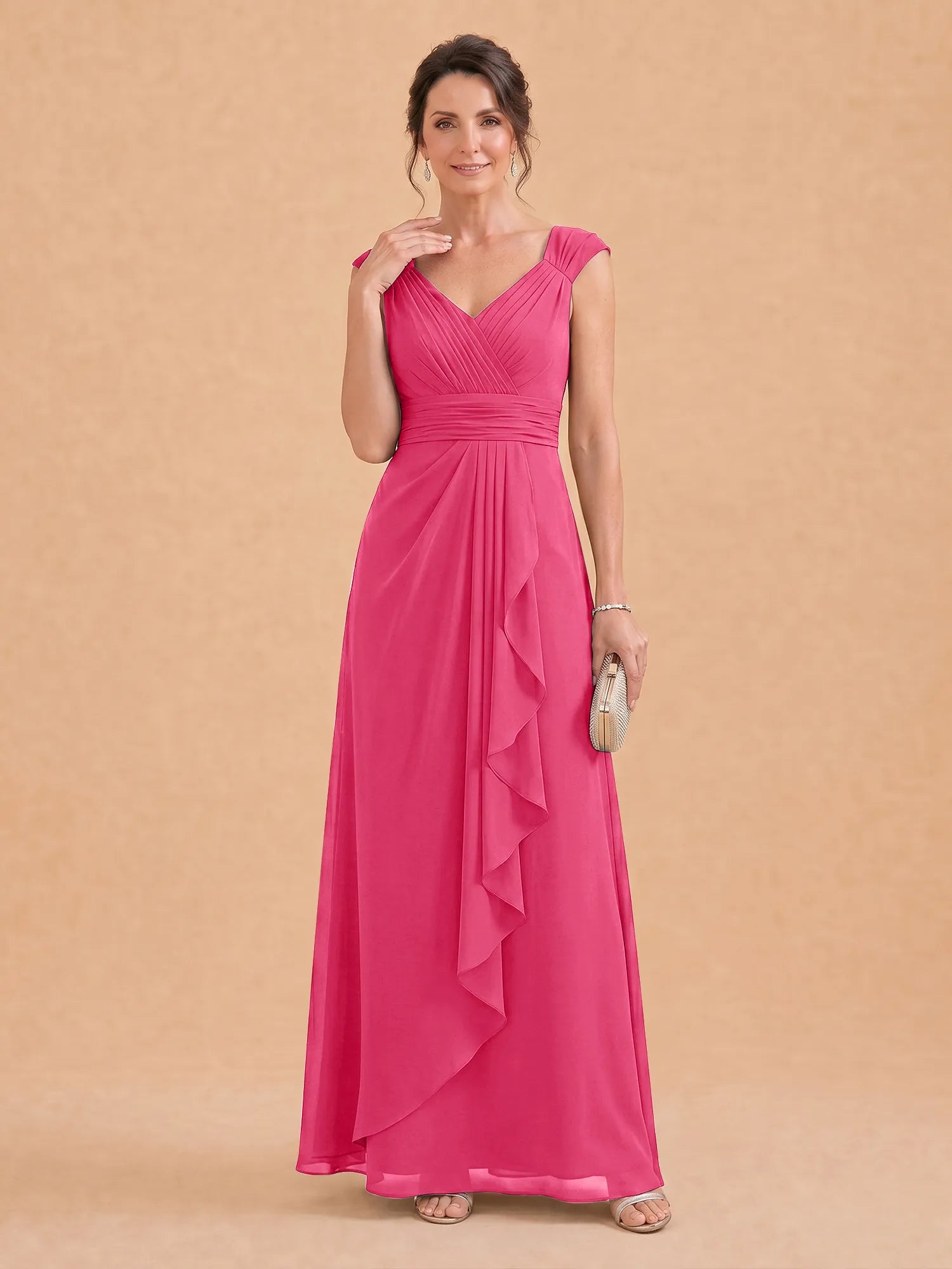 V-Neck Ruched Chiffon A-Line Mother of the Bride Dress with Cascading Ruffle