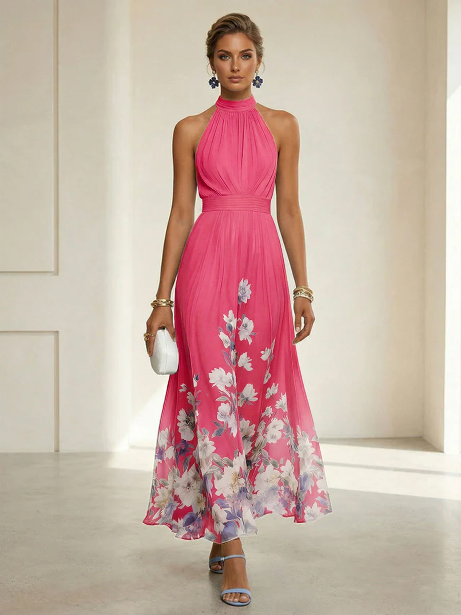 Light Blue Floral Chiffon Halter Sleeveless A-Line Maxi Dress Gown