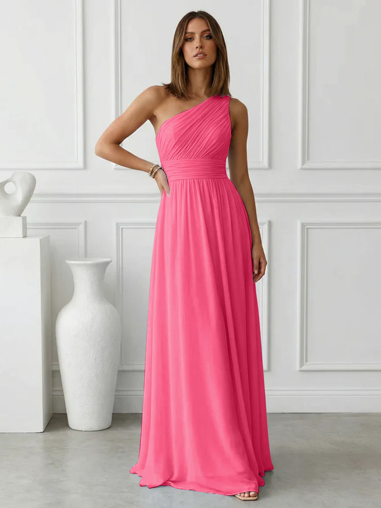 Timeless Light Blue One-Shoulder Maxi Dress Ruched Chiffon Gown