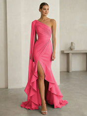 Glamorous Midnight Navy Formal Evening Dress One-Shoulder Ruched Cape Gown